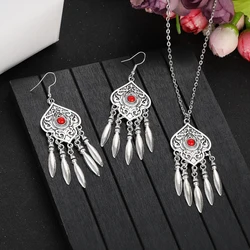 Ethnic Silver Plated Geometric Carved Tassel Jewelry Set with Blue Turquoise (Style 6)