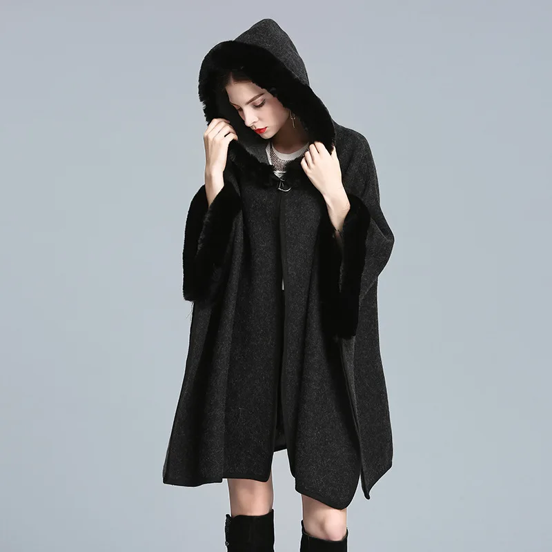 

Autumn Winter New Imitation Otter Rabbit Fur Collar Hooded Shawl Cape Imitation Wool Woolen Loose Ponchos Capes Coffee Cloak B1