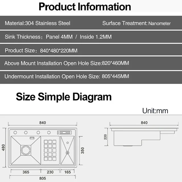 ASRAS ขนาดใหญ่ขนาดนาโนเมตรถ้วย Rinser Stepped อ่างล้างจาน 304 สแตนเลส 4 มม.ความหนา Handmade อ่างล้างจานผู้ถือมีด 6