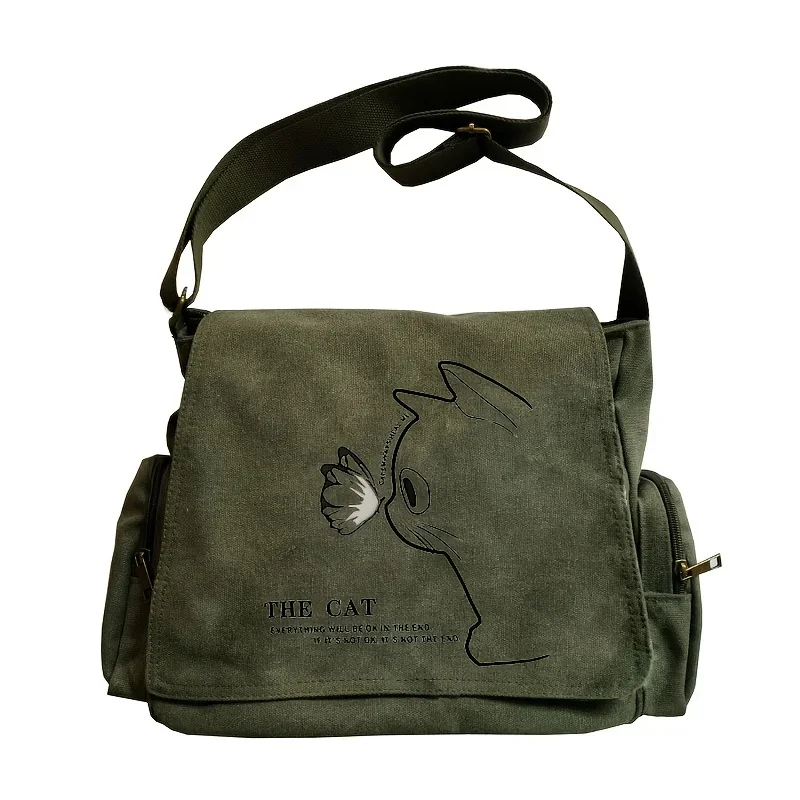 Multi-functional Women's Bag Vintage Army Green Canvas Shoulder Bag Lovely Cat Pattern Crossbody Messenger Bag