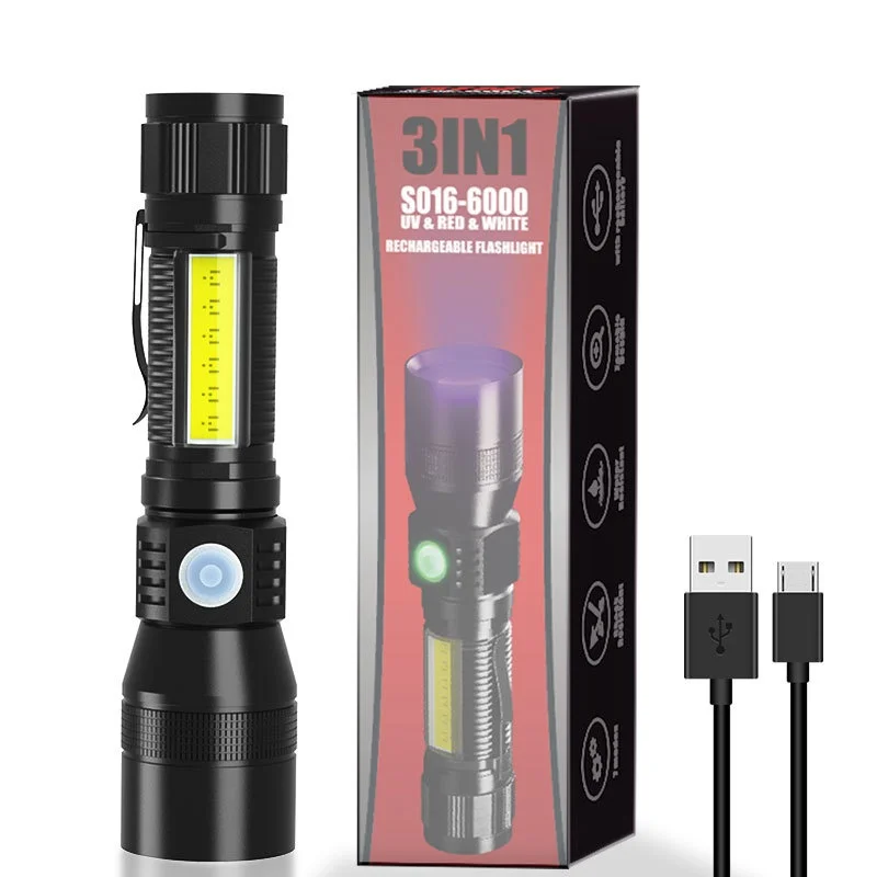 Torcia a luce nera ricaricabile, 3 in 1, LED UV, 1200 lumen, 7 modalità di illuminazione, zoomabile, impermeabile, tascabile, per rilevamento macchie di urina di animali domestici, campeggio, colore