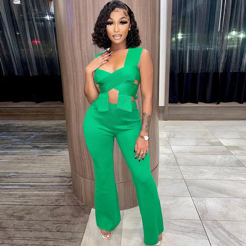 

Sexy Two Piece Set Women Clubwear Bandage Crop Top and Flare Pants Sets Birthday Outfits for Women Y2k Night Party Matching Sets