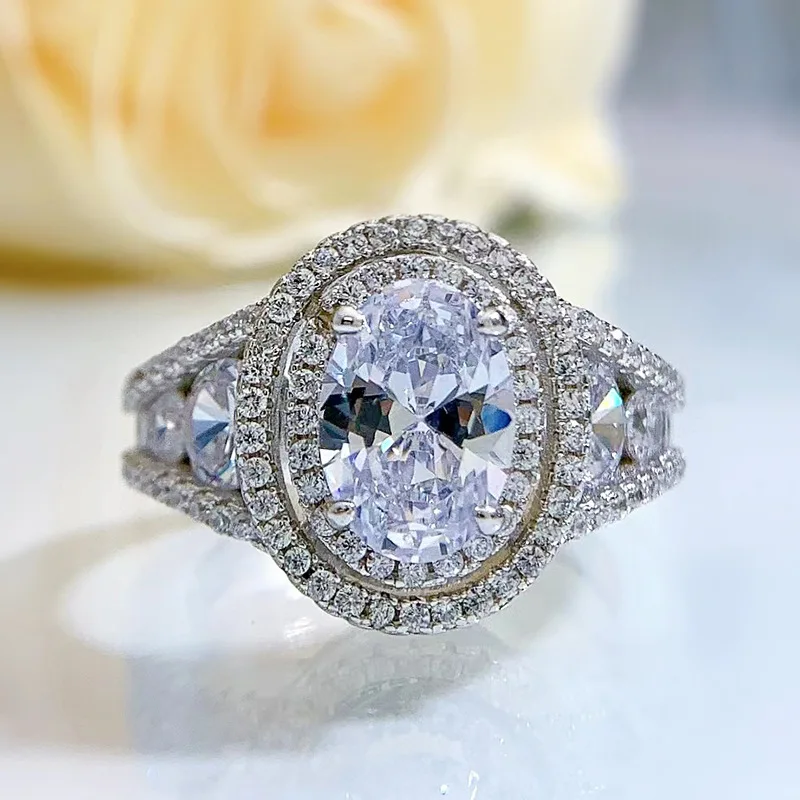 

European and American temperament large diamond ring S925 silver platinum plated Hong Kong style moissanite ring