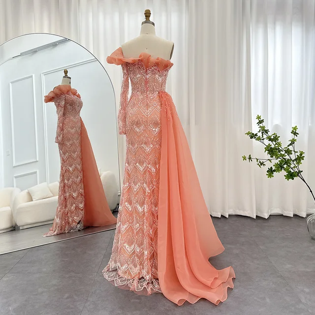 Luxury Dubai Coral Mermaid Evening Dresses for Women Wedding Elegant Scalloped One Shoulder Formal Party Gown SCZ003 6