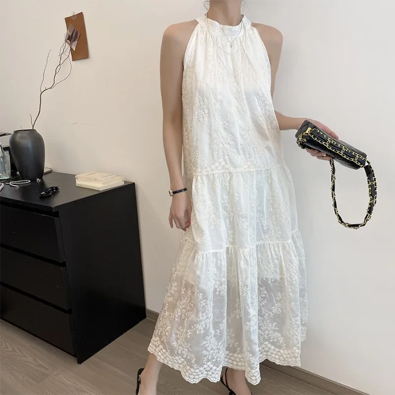 

Винтажное платье во французском стиле без рукавов с воротником-халтером, прозрачные кружевные слегка сексуальные длинные летние платья с открытыми плечами для женщин
