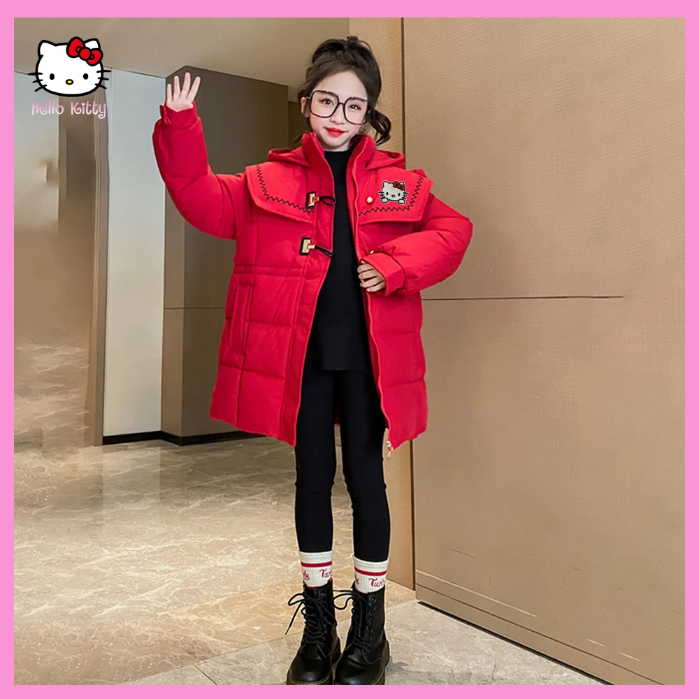 

Anime Sanrioed Hellokitty Kuromi Girls Jacket Mid-Length Thickened Fashion Keep Warm Fur Collar Hooded Down Cotton Windbreaker