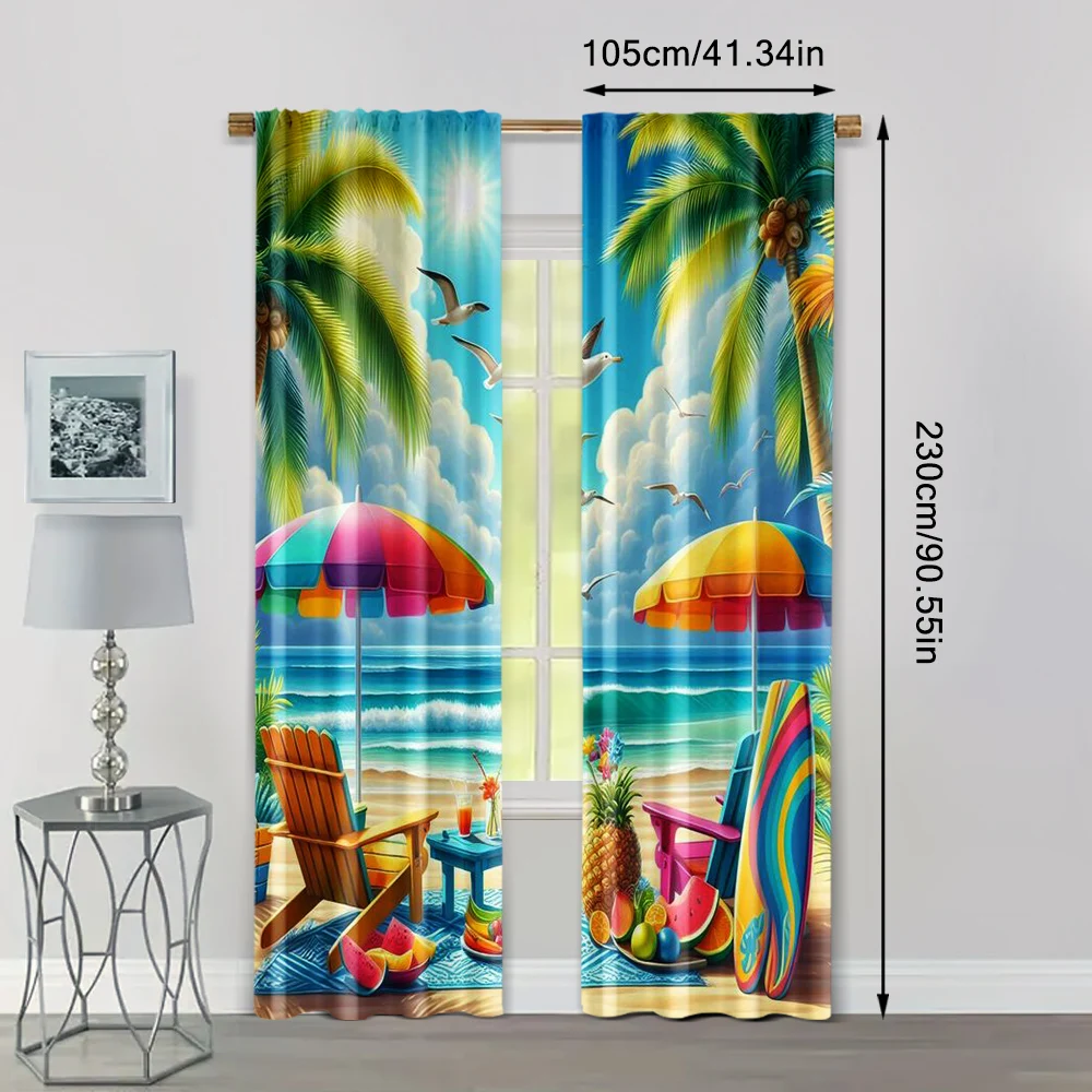 2pc,  Curtains Tropical Beach Surfboard Versatile Polyester,Without Electricity Birthday Party Applies to Parties and Everyday 4