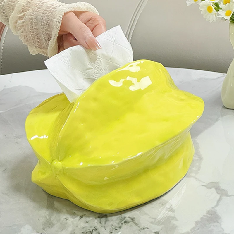 Creative Ceramic Cute Carambola Shaped Tissue Box, Light Luxury Napkin Box, Home Living Room Bedroom Hotel Table Decoration, 1Pc