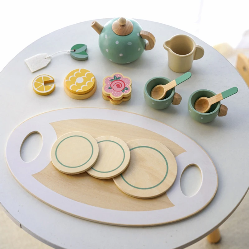 Wooden Afternoon Tea Set Toy Kitchen Accessories Tea Party Food Play Early Educational Toys for Toddlers Girls Boys Kids Gifts 4