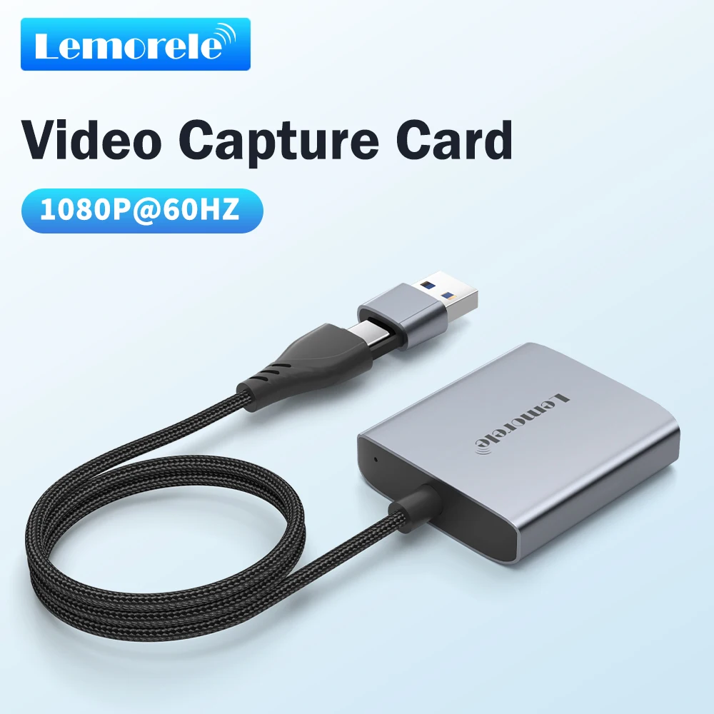 Lemorele 1080P Video Capture Card HDMI to USB A/Type-C 60HZ Output Video Recorder for PS4 Game Recording Live Streaming Grabber