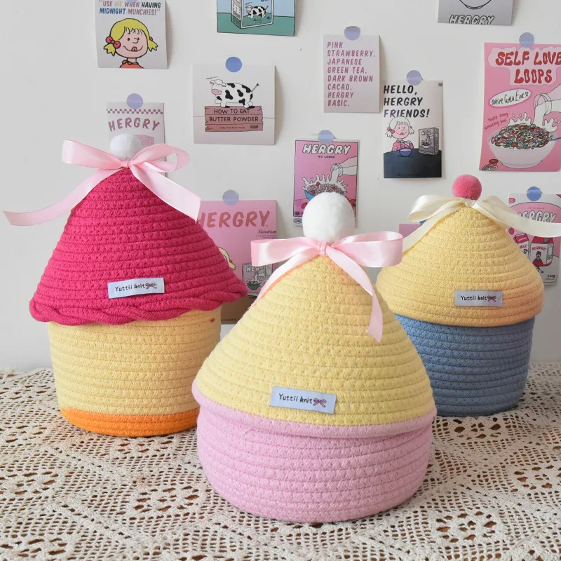 Cotton Tead Woven Storage Basket Cute Cartoon Design Covered Home Use Basket for Women Versatile Organizer for Various Items