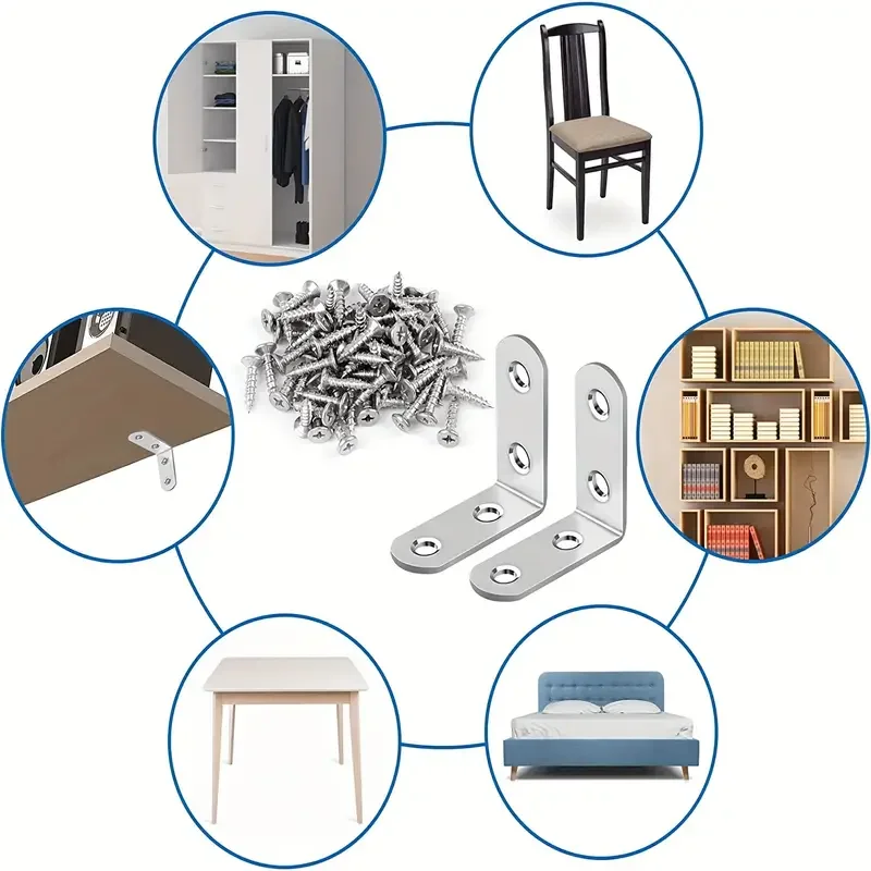 10Pcs Stainless Steel Angle Bracket 90 Degrees Right Angle Bracket With 40pcs Screws For Wooden Shelves Chairs