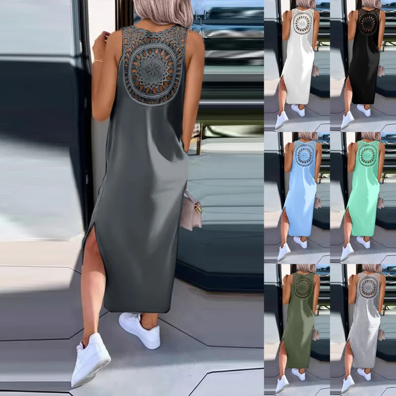 

Hollow Lace Back Dresses Loose Fit O-Neck Solid A-LINE Skirt Fashion Sweetwear Style Sexy Off Shoulder Mid Waist Pullover Dress