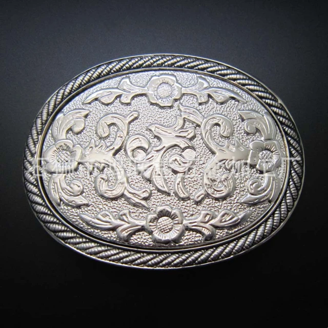 Exquisite Flowers Silver Oval Belt Buckles Cowboy Heavy Metal