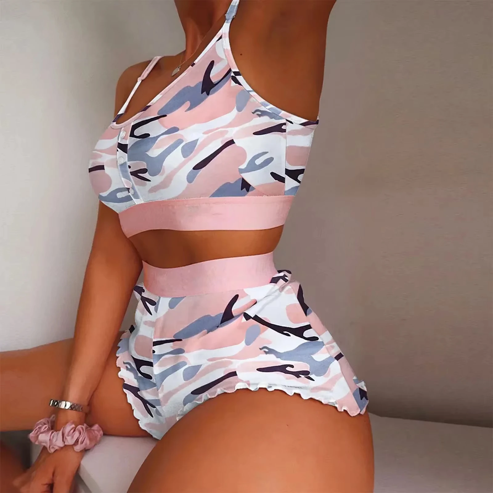 2025 New Women Sleepwear Lips Butterfly Print Home Suspended Pajamas Set Vest Bra Top Short Nightwear Lingerie Women's Nightgown