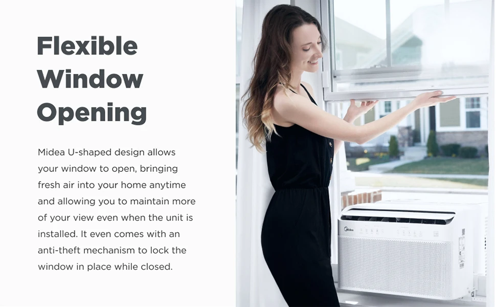 Midea smart window air conditioner has flexible window opening so you can bring in fresh air