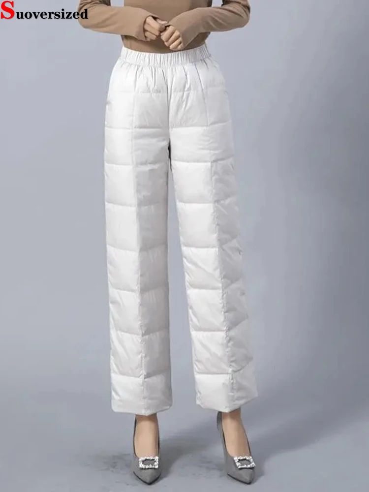 

Casual Thick Warm High Waist Windproof Fluffy Women Pantalones Snow Wear New Spodnies Winter Down Cotton Thicken Wide Leg Pants