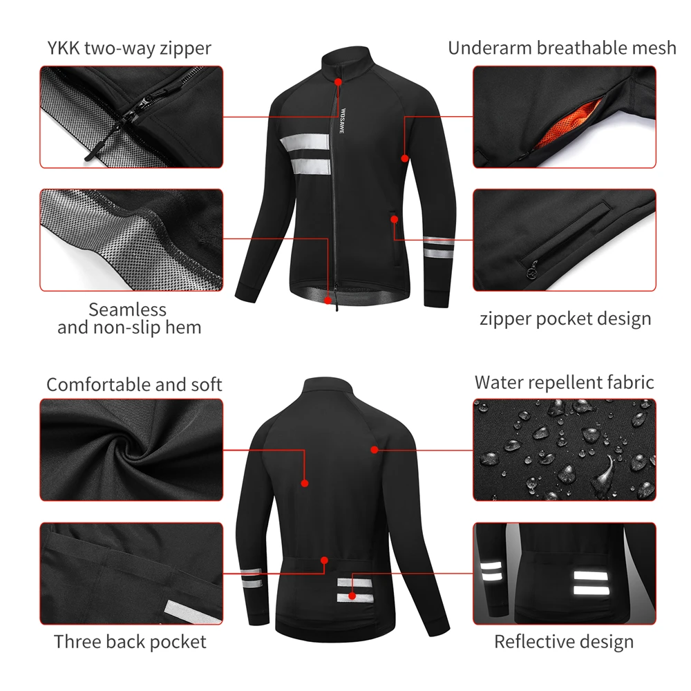 WOSAWE Winter Cycling Jackets Outdoor Sport Warm Coat Long Sleeve MTB Road Bike Jersey Windproof Windbreaker Cycling Clothing