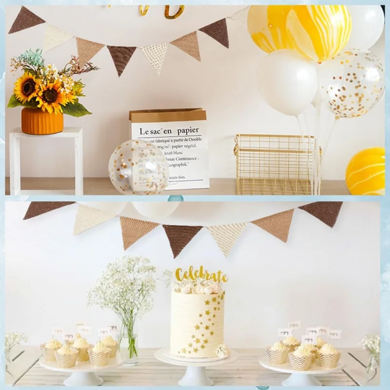 Pennant Banner Burlap Triangle Flags Coffee Linen Twine String DIY Celebration Birthday Wedding Party Decoration 12FT