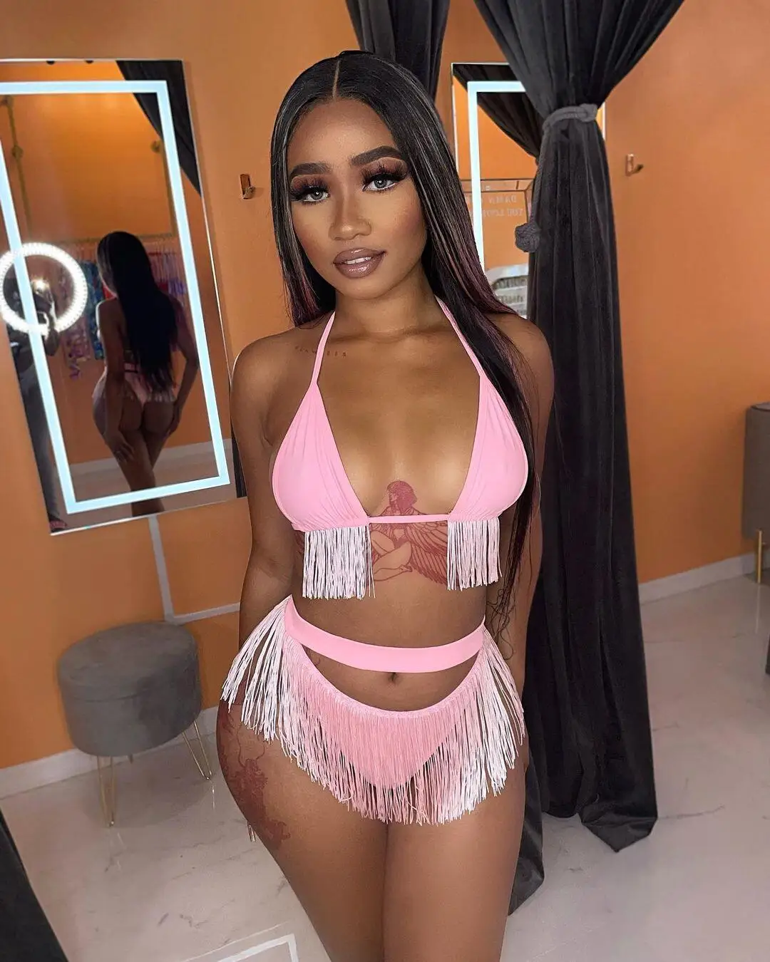 Women Summer Beachwear Bathing Suits Set INS Female Sexy Halter Bra & Pantie Tassel Bikini Swimsuit Set