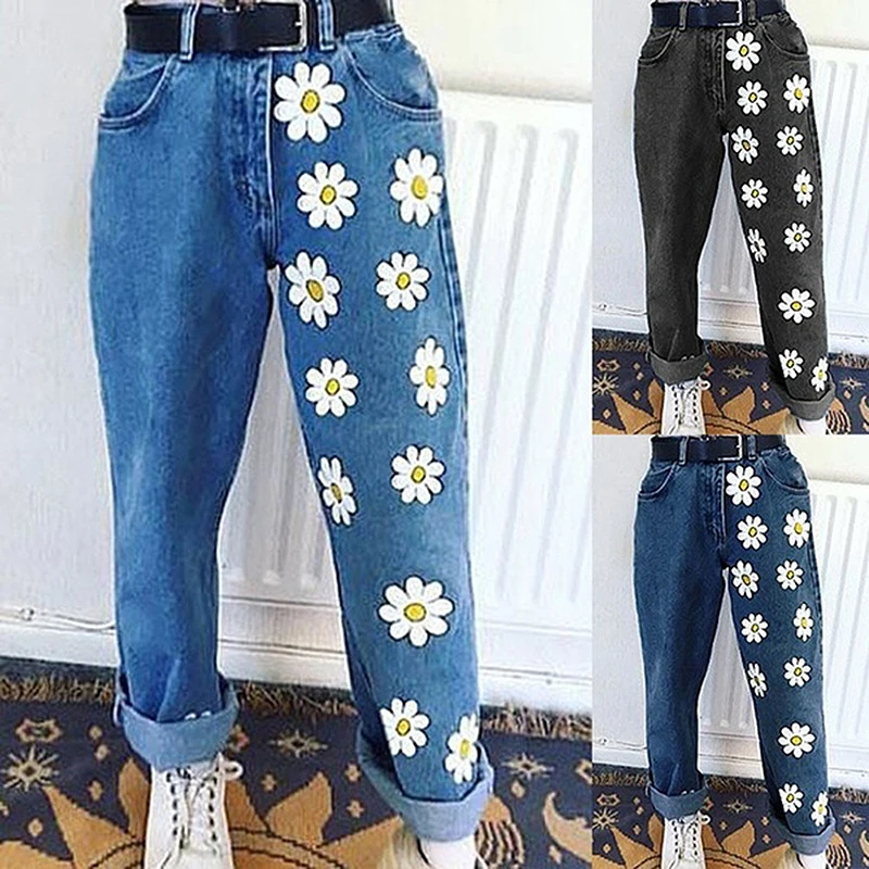 2023 New Y2k Flowers Fresh and Fresh Blue Denim Women's Solid Jeans European and American Indie Printed Thin Jeans Casual Pants