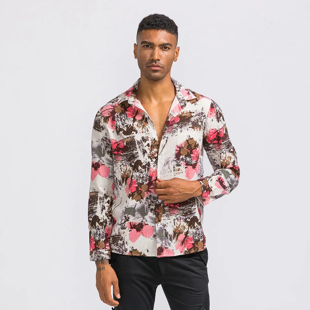 

Men'S Shirts Boho Vintage Floral Print Long Sleeve Shirts Spring Summer Lapel Neck Button Top Blouses Leisure Daily Streetwear