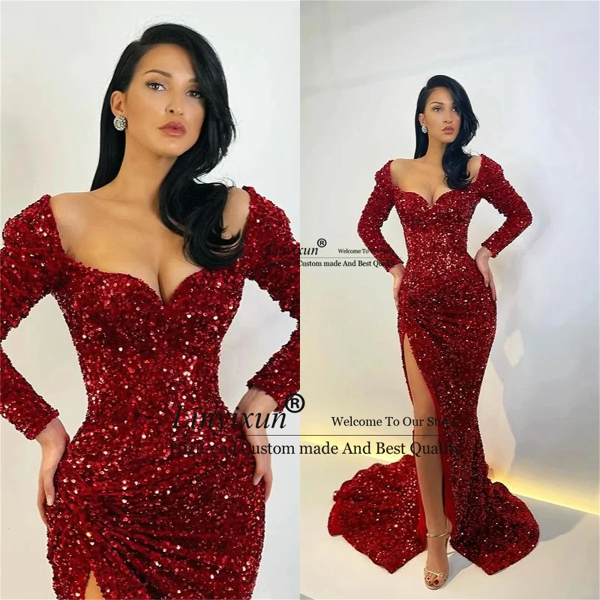 

Sexy Sequins Mermaid Prom Dresses Long Sleeves Scoop Long Formal Evening Party Gowns Side Split Court Train Robe De Soiree