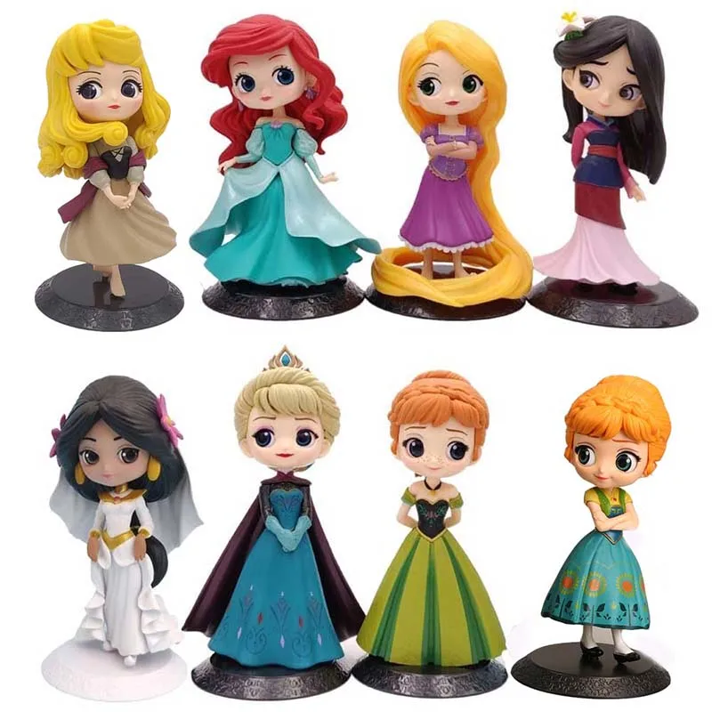 

Disney Q Posket Fairy Princess Doll Frozen Elsa Anna Jasmine Ariel Belle Mulan Action Figure Toy PVC Decoration Model Kids Gift