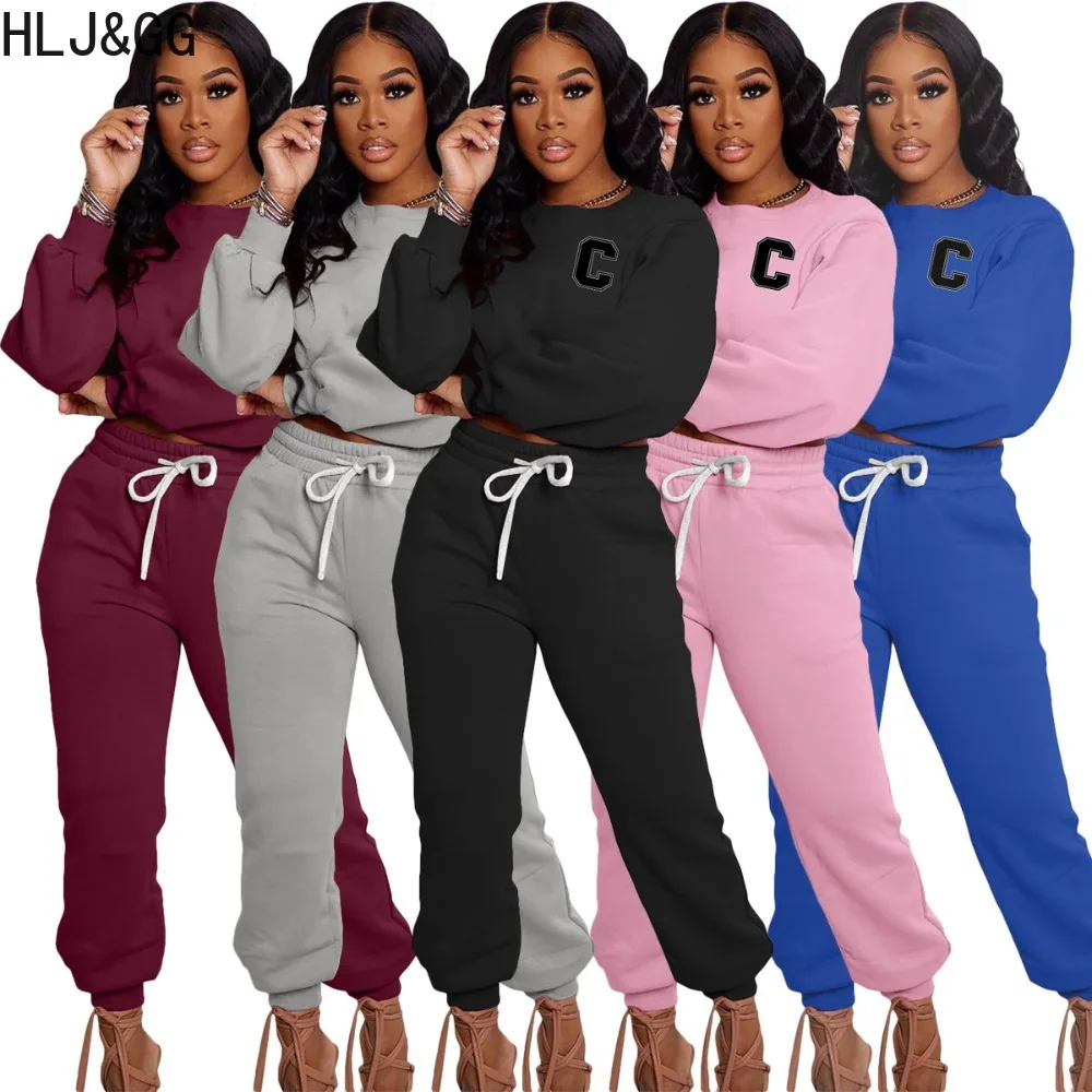 HLJ&GG Casual Letter Printing Drawstring Jogger Pants Two Piece Sets Women Round Neck Long Sleeve Crop Top And Pants Tracksuits