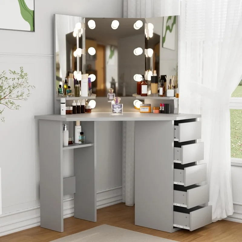 

Modern Vanity Desk with Drawers and Mirror, Makeup Vanity with Lights, Small Vanity Table Makeup Desk