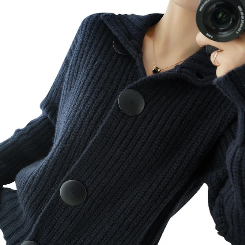 Navy Blue Long Sleeve Knitted Cardigan Sweater for Autumn Winter