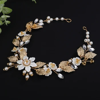 Trendy Gold Flower and Leaf Bridal Headband Handmade Pearl Party Hair Piece for Women Crystal Wedding Hair Accessories Jewelry