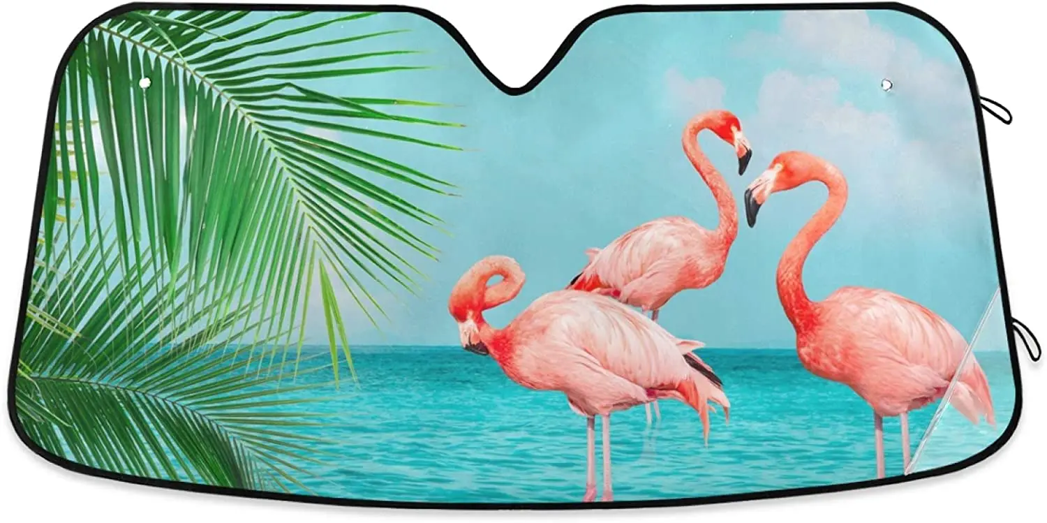 

Retro Flamingos Standing Blue Sea Car Windshield Car Sunshade Windshield Sunshade Custom Animal Pattern Sunshade Car Style