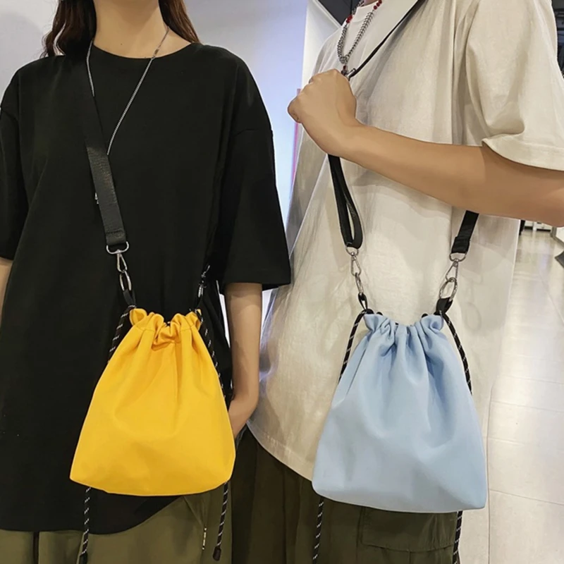 

Fashion Mini Crossbody Bag Men Women Black White Nylon Couple Small Bag Bucket Handbag Drawstring Shoulder Bag Commuter Handbag