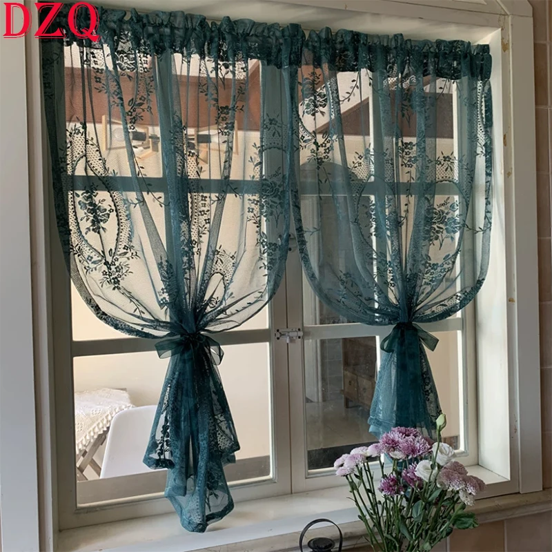 

French Romantic Dark Green Tulle Curtains for Kitchen Partition Flowers Lace Half Curtains For Living Room Door Curtains #A458