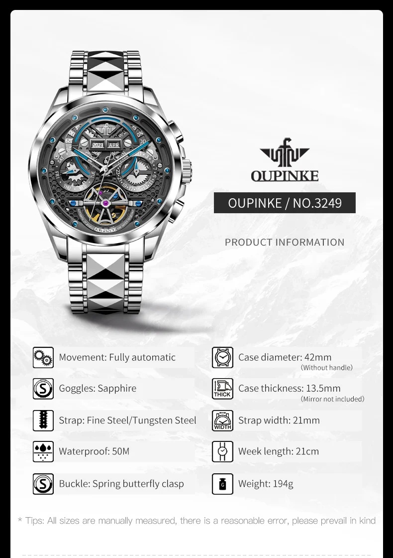 OUPINKE Automatic Mechancial Watch for Men Luxury Swiss Certificated Brand Men's Wristwatches Skeleton Hollow Fashion Man Watch