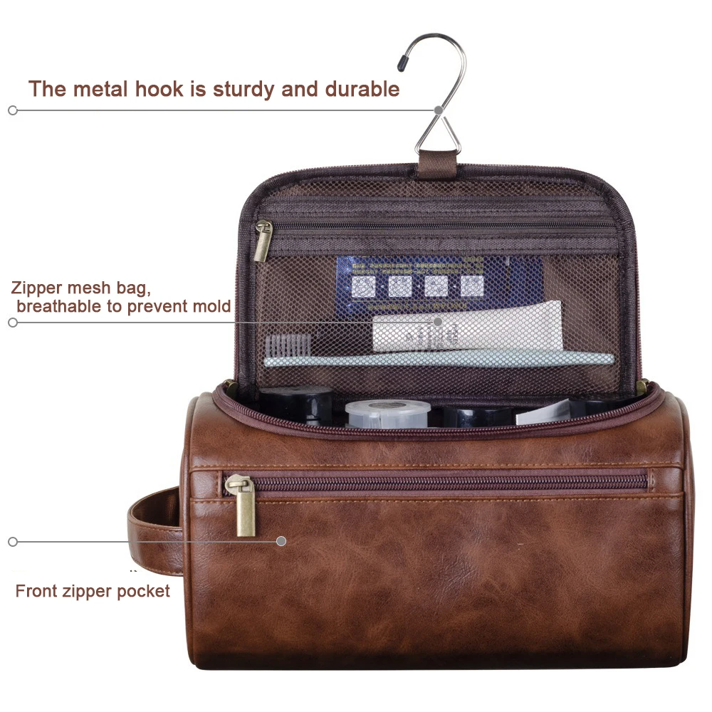 Retro Leather Toiletry Bag for Men Women Dopp Kit Mens Hanging Toiletry Bag Travel Toiletry Bag for Traveling Large Cosmetic Bag