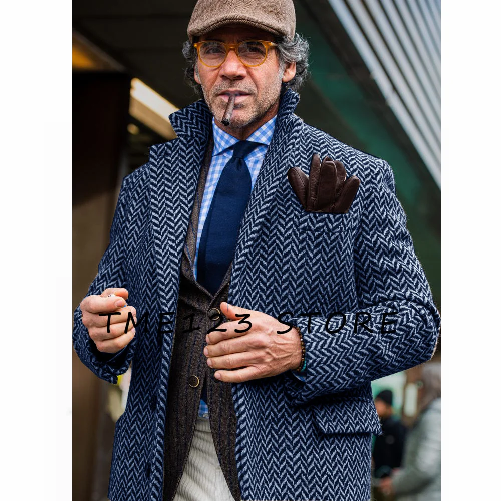 Men's Long Coat Herringbone Casual Business French Street Single-breasted V-neck Men's Coats Winter Camping Jackets Man Y2k Tops