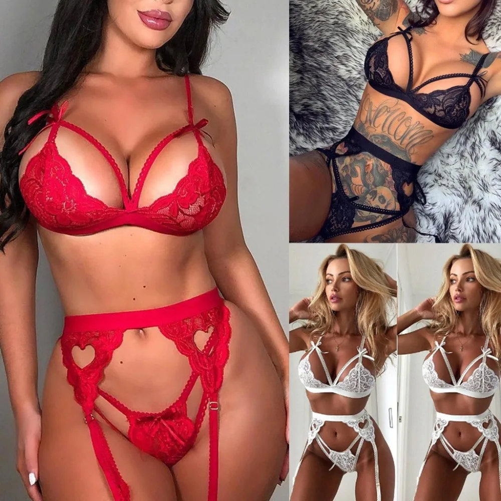

Sexy Lingerie Set Women Lace Panel Deep V Open-buttock Peach Heart Suspenders Bowknot Cross Garter Three-piece Underwear Suit