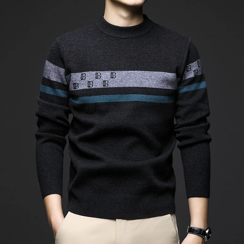 

Winter Men's Sweater Half-Collar Wool Sweater Thick Warm Sweater Knitted round Neck Bottoming Shirt Casual Top