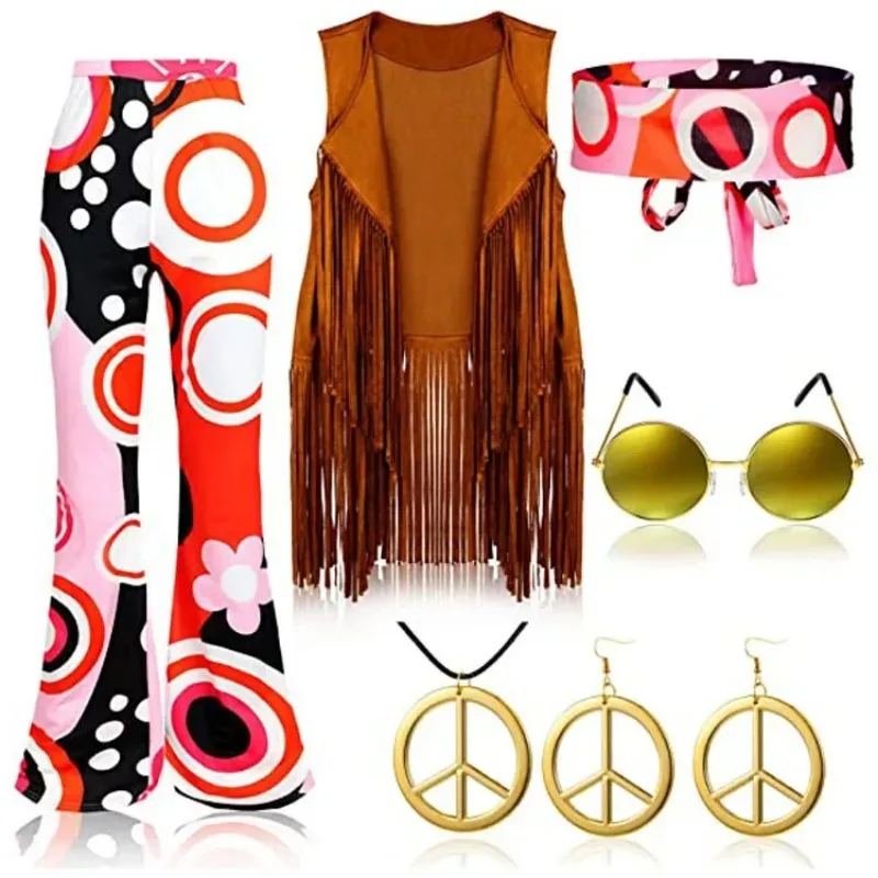 Hippie Disco 60s 70s Cosplay Costume Women Peace Love Girls Hip Indian Tassels Hippie Vest Cardigan Halloween Carnival Party cosplay costume