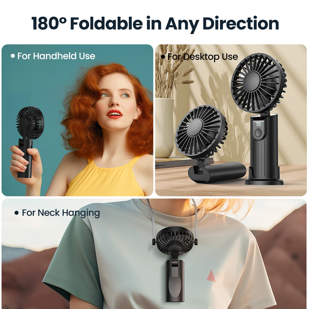 TOPK Portable Handheld Fan 5000mAh USB Rechargeable Foldable Fan 3 in 1 Personal Travel Fan with Digital Display Desk Fan 3