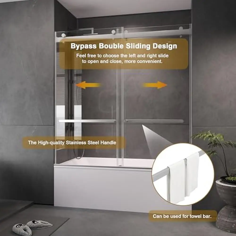 Frameless Double Sliding Tub Shower Door 56-60 x 60 Tempered Glass Stainless Steel Hardware Water Retaining Strips Easy to Clean 6