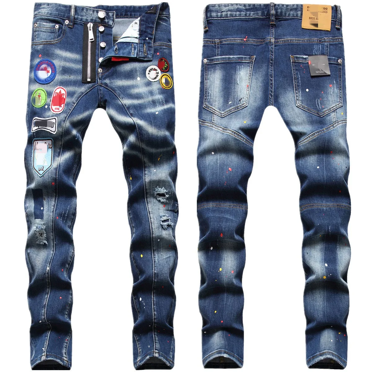 European and American fashion badge embroidery stretch hole hand-painted small straight leg jeans for men