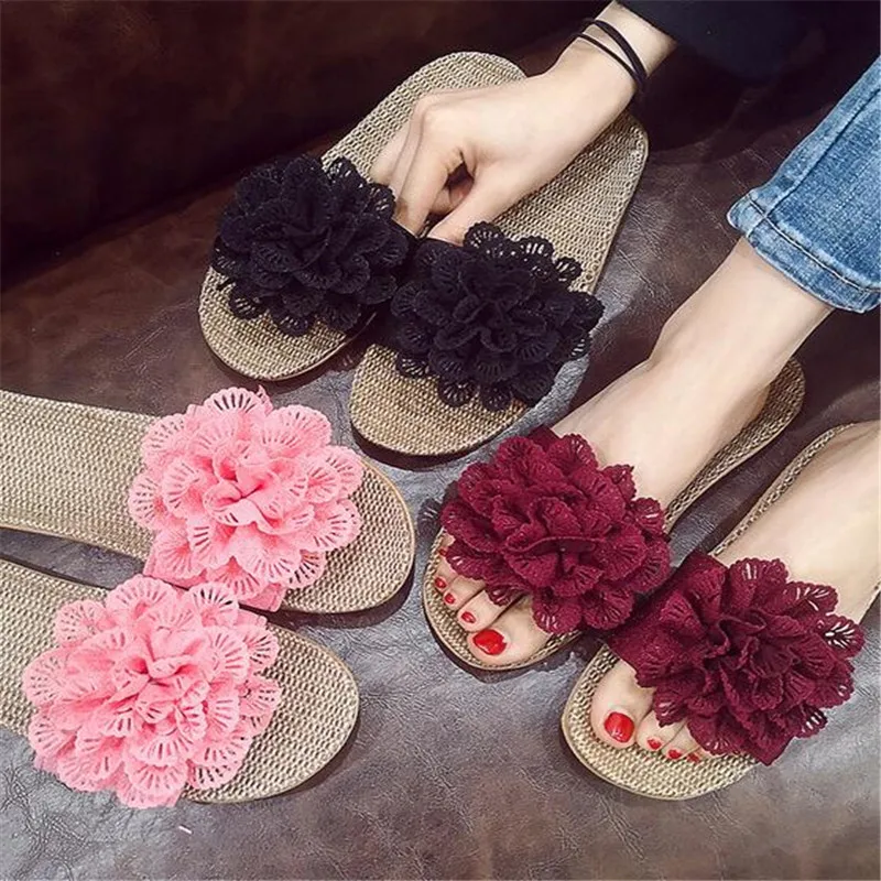 

Fashion Floral Lace Summer Beach Flip Flops Women Sandals Casual Flax Flat Sandals Comfy Home Slippers Outdoor Slides Shoes 2023