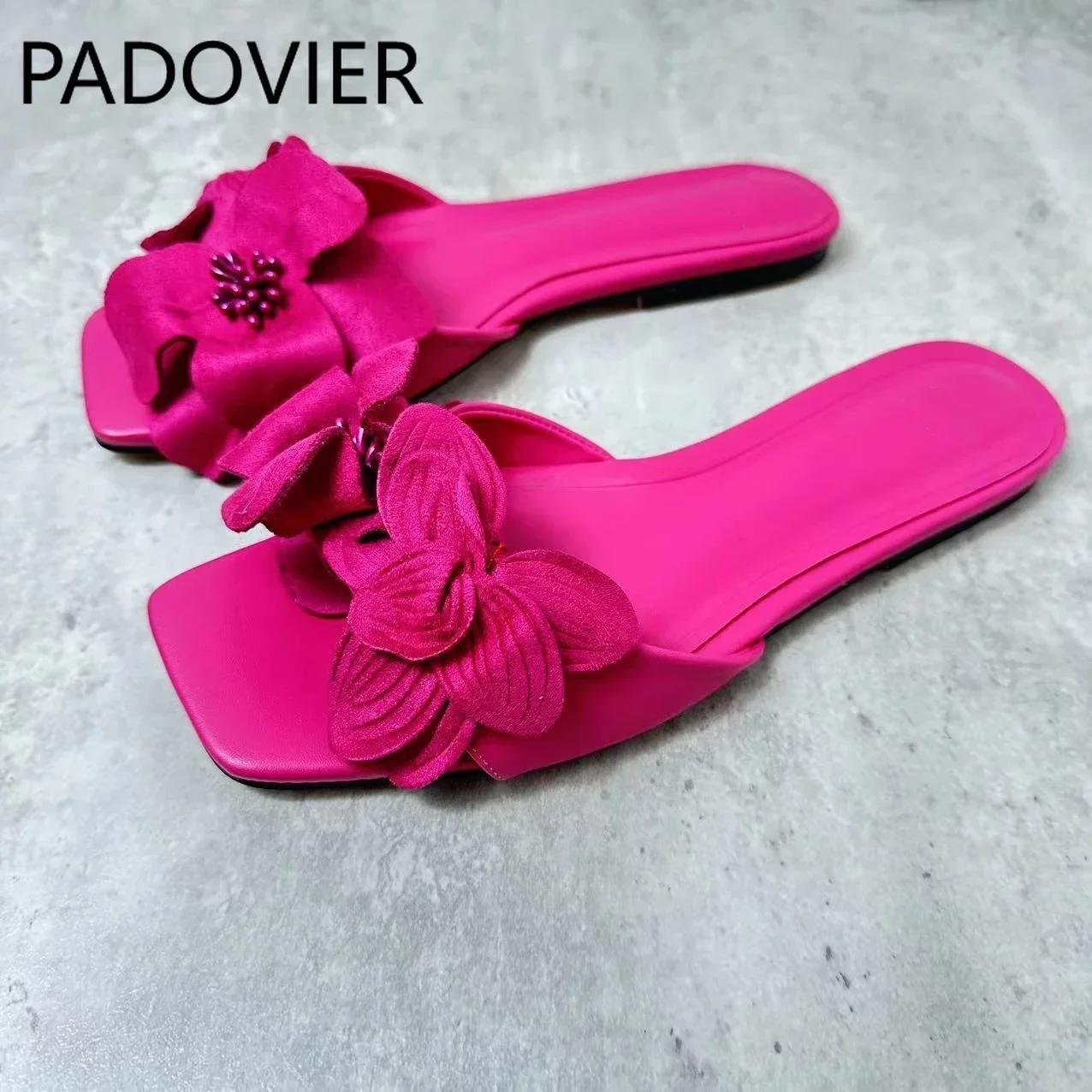 

Женские сандалии на плоской подошве, розово-красные сандалии с цветочным украшением, 2024