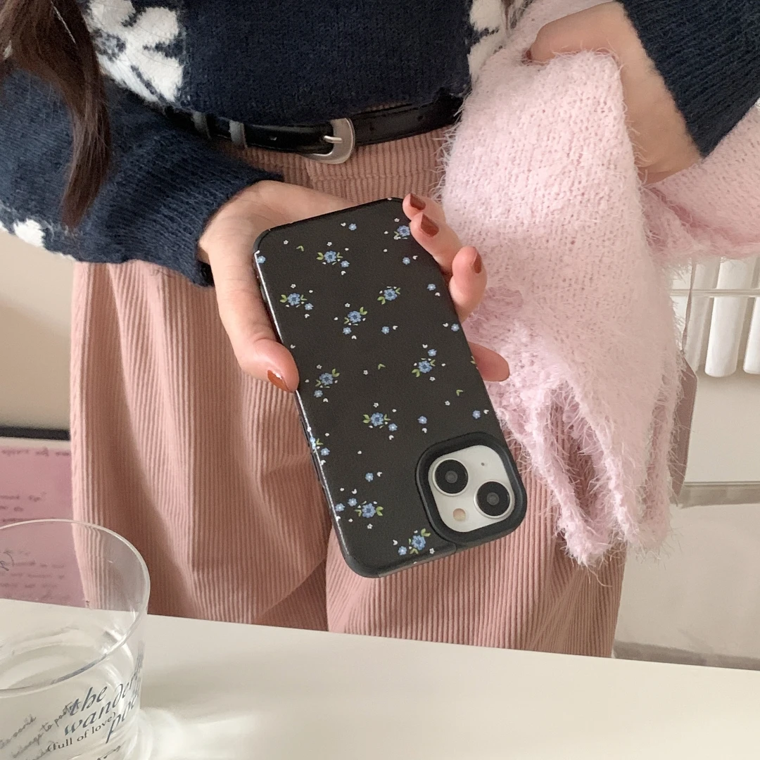 Black Floral Leather Phone Case for iPhone