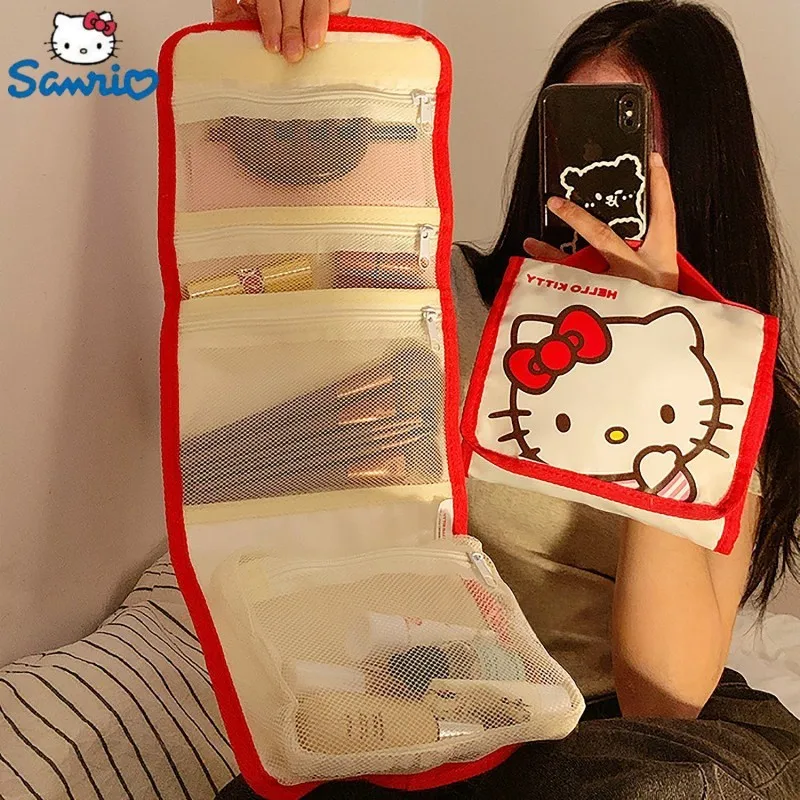 

Sanrio, Hello Kitty косметические сумки для туалета, милый мультяшный складной фоточехол большой емкости, милая Портативная сумка в клетку