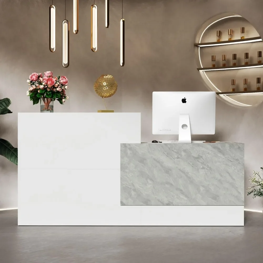 Reception Desk with Shelves,Modern Reception Table with Storage,Front Counter Table Checkout Table Retail Counter Reception Room 3