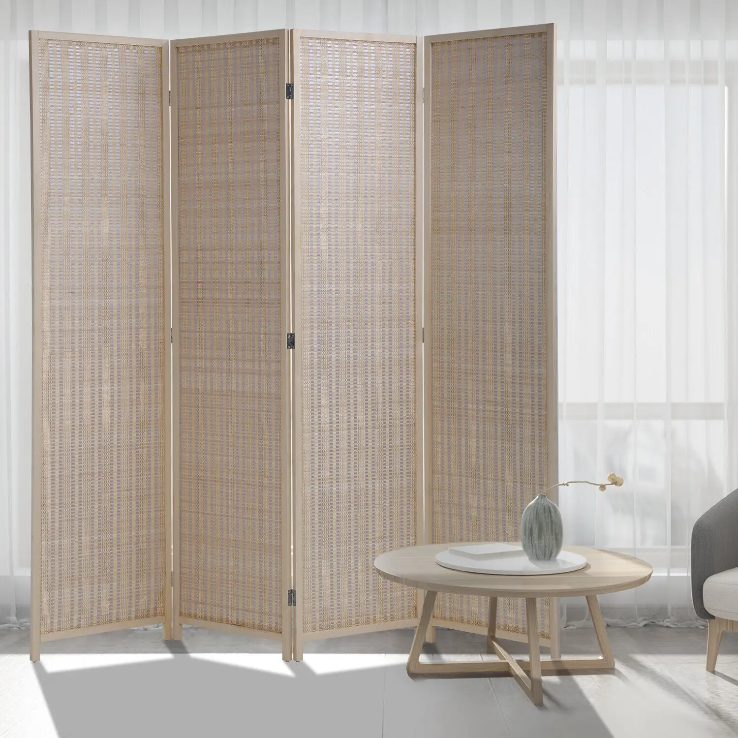US Bamboo Folding Privacy Screen, 4 Panel, Room Divider, Independent Separator, US
